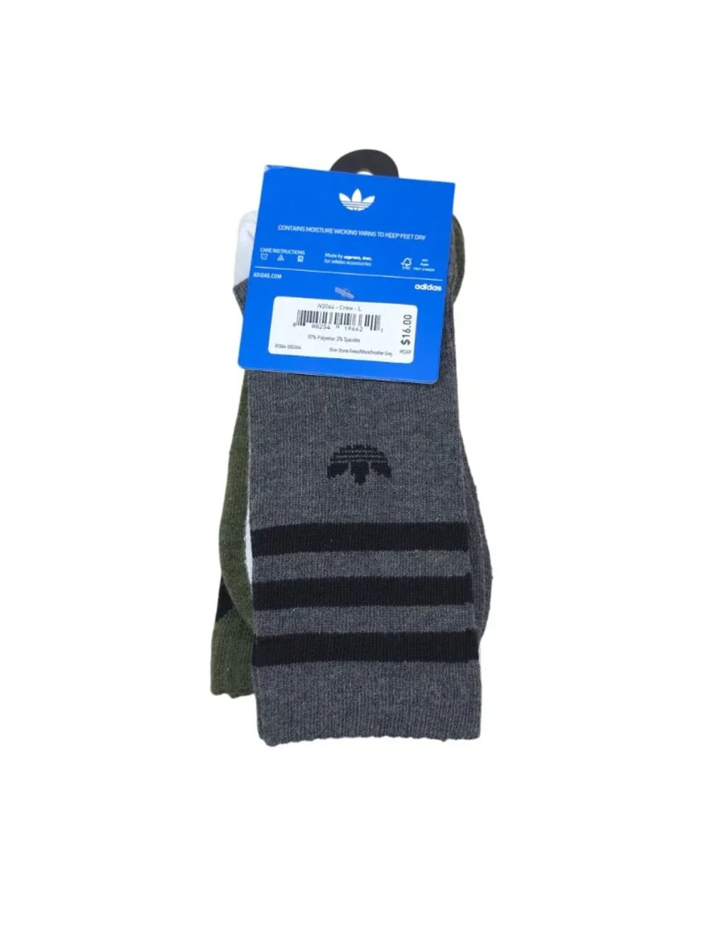 Adidas Mens 3-Pack Cushioned Crew Socks Olive Strata Green/White/Heather Grey